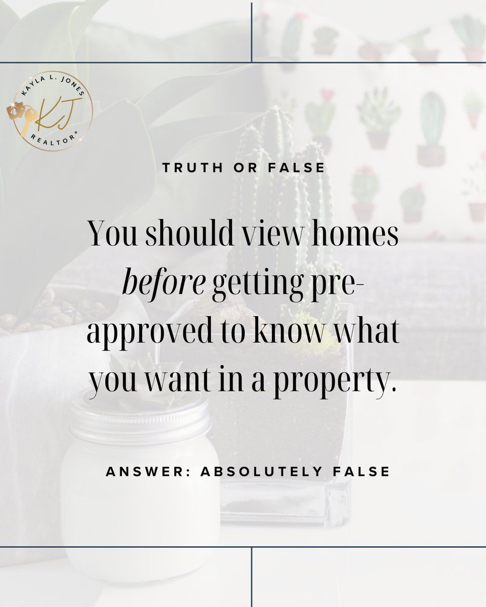 KaylaJSellsVA's tweet image. 🏡🚫 Some believe touring homes first is the way to go, but here's the scoop: NO, you should NOT! 🚫 Getting pre-approved is the smart move for several reasons. 💡 It helps you set a realistic budget. 💰 You'll be taken seriously by sellers. ⏱️ Speeds up the buying process.