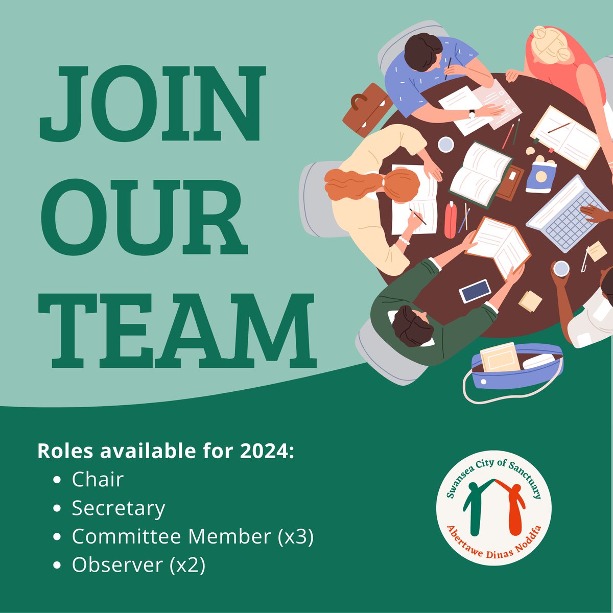 👋 We are looking for volunteers for 2024:
- Chair
- Secretary
- Committee Members (x3)
- Observers (x2)

If you are passionate about the rights of asylum seekers and refugees in Swansea, please consider applying! 

Deadline: Friday 1st December
More info: swansea.cityofsanctuary.org/2023/09/28/vac…