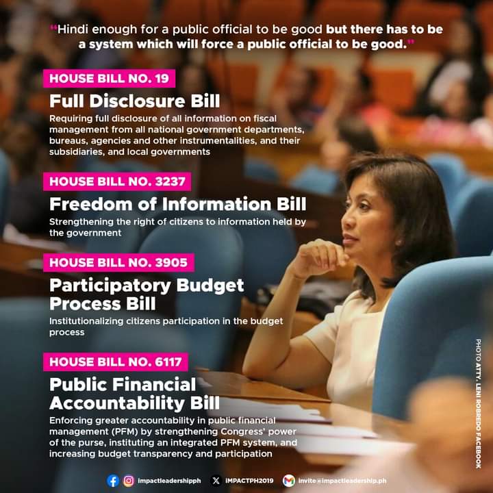 iMPACTPH2019's tweet photo. 'THERE HAS TO BE A SYSTEM WHICH WILL FORCE A PUBLIC OFFICIAL TO BE GOOD'

Former Vice President Leni Robredo filed four bills in the 16th Congress aimed at promoting fiscal management, transparency, and accountability in government. https://t.co/D61u1825MC
