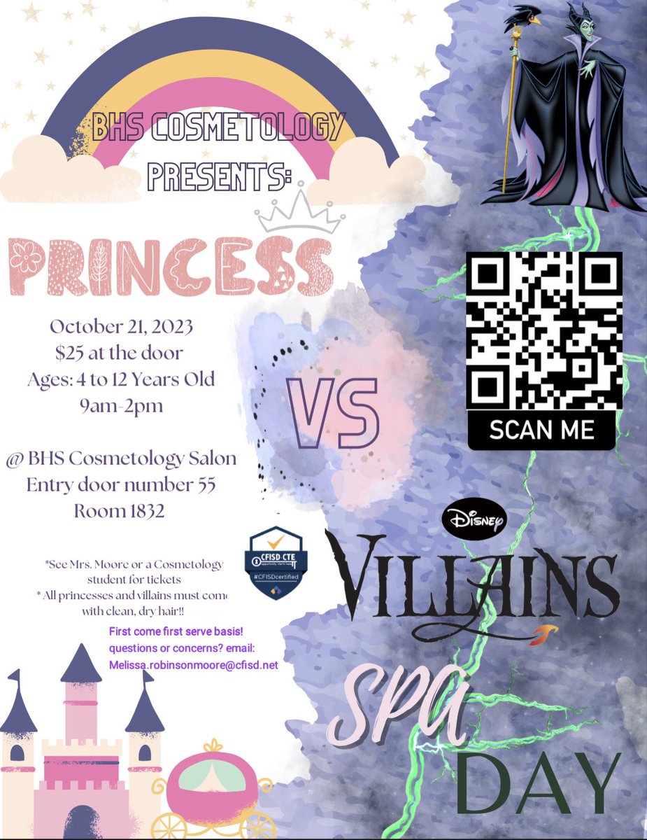 BridgelandCosmo's tweet photo. Stop by and bring us your princesses and villains tomorrow!! Can’t wait to see our girls beautiful faces!! Get your tickets now with the QR code below!! #bridgelandbest #cfisdforall #cfisdcte #cfisdspirt #cypresstexas #bridgeland #fairfeild #cypresstx #wintheday #ctecertified https://t.co/eHHNd8NQWu