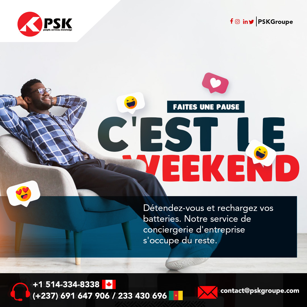PskGroupe's tweet photo. C'est le WEEKEND !!! 🥳🤩

Faites une pause, détendez-vous. Notre service de conciergerie d'entreprise se charge du reste !
.
.

#WeekendVibes #Détente #AvenirBrillant #pskcameroun #pskgroupe #formation #pskcanada https://t.co/EEreV2nXvH