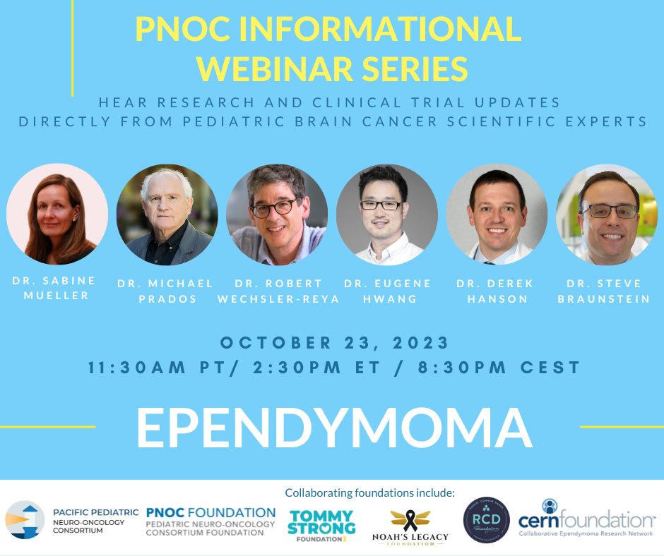 Join us on October 23 at 11:30 AM PT / 2:30 PM ET / 8:30 PM CEST to hear the latest #Ependymoma research and clinical trial updates from PNOC's expert scientific panel. Register to receive a link to the live webinar or video recording on demand. REGISTER: us02web.zoom.us/webinar/regist…