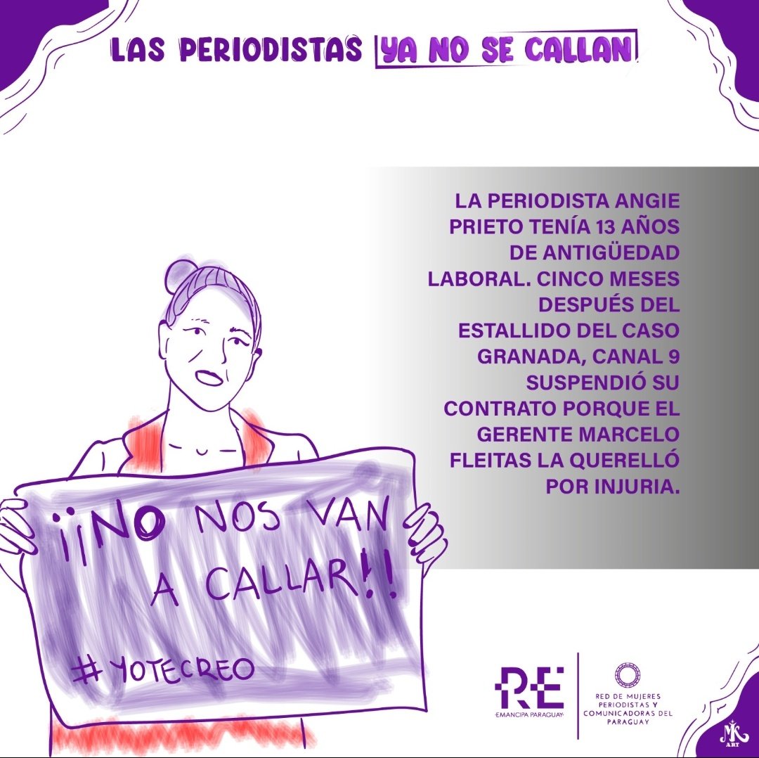 RMPCpy's tweet image. Estamos en alerta en esta lucha que inició desde hace más de un año y que trajo consigo consecuencias nefastas para las denunciantes, en el caso de @angiesprieto despedida ilegalmente y querellada por Marcelo Fleitas, Dir. de  @RedAlbavision Py @sntcanal9 y @C9NParaguay