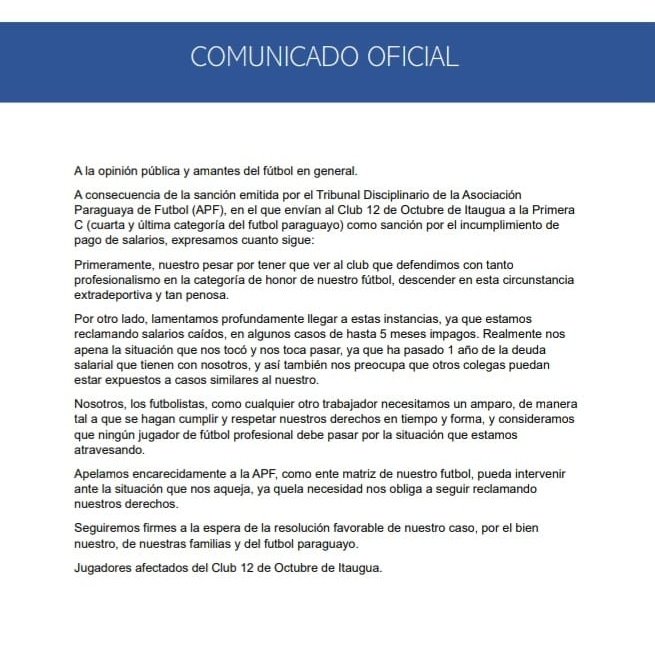 Comunicado de los ex jugadores del 12 de Octubre #AM1080
