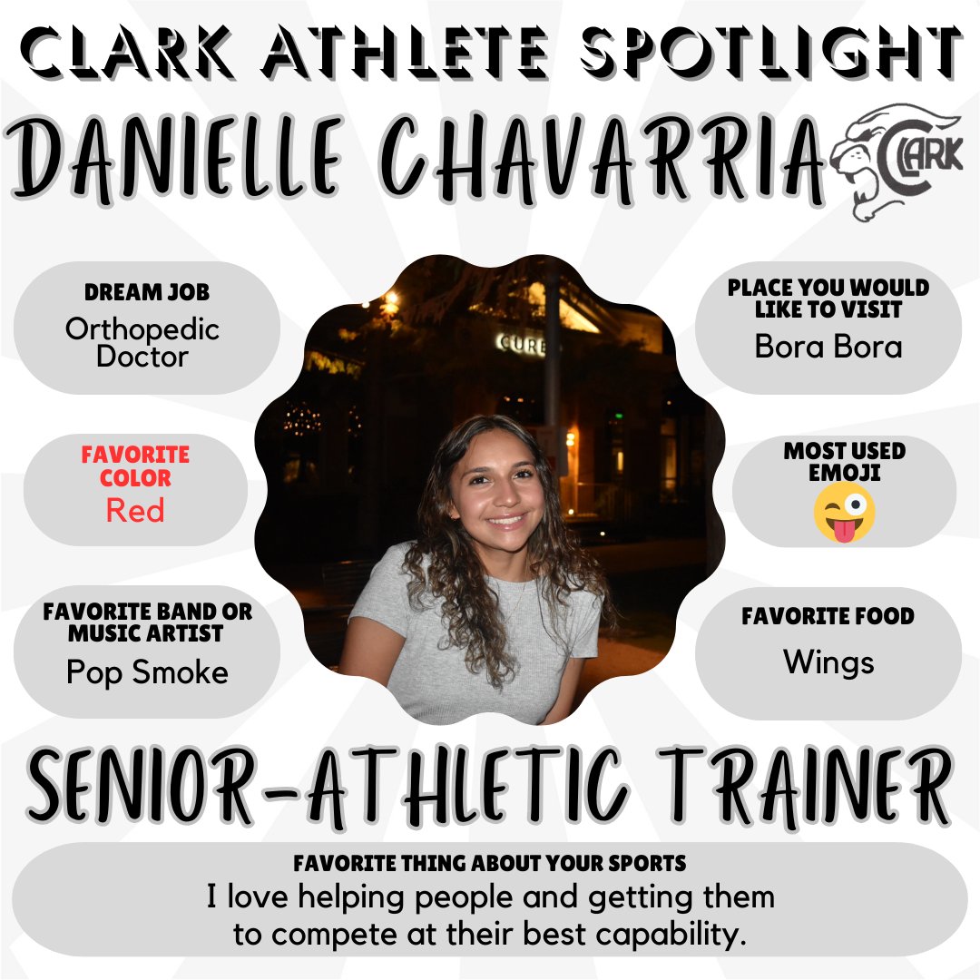 🐾⚕️Danielle is a part of our Athletic Trainers and here is what Coach Stone had to say about her. We can always count on Dani to show up when we need her. She is an outstanding student AT who has overcome personal hardship with grace and determination and always supports Clark.