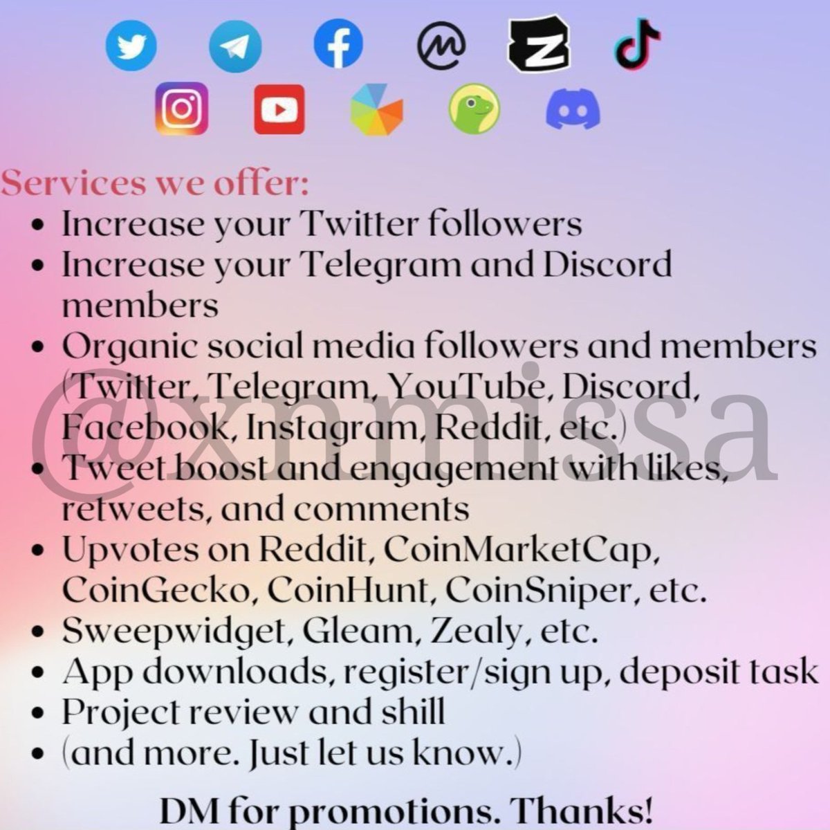 xnmissa's tweet photo. Hi! I am A, a marketing admin with a network of influencers who have 90k+ to 3m+ followers.

Unlock the potential of your online presence with our tailored promotion services. Explore the attached list of services, and let's design a strategy that suits your unique needs. Kindly message me for business. Elevate your digital presence today! Thanks!

#Crypto #NFTs #Giveaways #Boost #Promotions #MarketingStrategy #DYOR