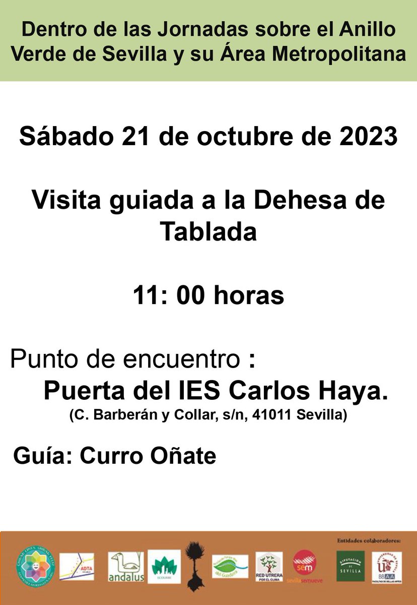 🌿Mañana sábado visitamos la Dehesa de Tablada, uno de los espacios naturales emblemáticos llamados a integrar el Anillo Verde Metropolitano.

🌿Gratis y sin reserva
🌿 A las 11:00h delante del CEIP Carlos Haya (c/ Barberán y Collar) 🚌 Línea 41

🌿 21 de octubre
🌿 Con <a href="/RedClima/">Red Sevilla por el Clima</a>
