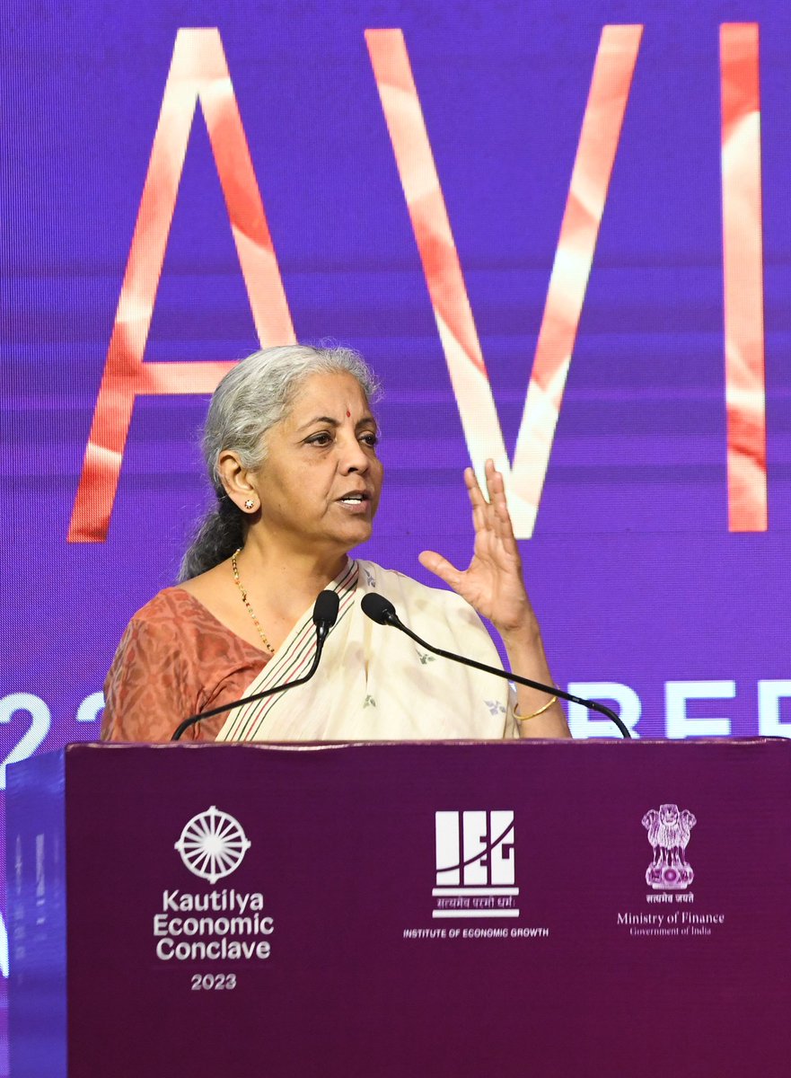 FinMinIndia's tweet photo. 👉 Union Finance Minister Smt. @nsitharaman addresses the Inaugural Plenary session at the Kautilya Economic Conclave -2023
 
👉 Need for committed efforts to tackle important global issues like Climate financing and Global Terror, says FM Smt. @nsitharaman 
 
👉 Investments face uncertainty and high risk permanently due to Terrorism: Finance Minister
 
👉 India is empowering citizens through greater transparency via Digital Economy: FM Smt. @nsitharaman 
 
👉 Agenda set by India found a very good resonance under G20 India Presidency: Union Finance Minister
 
👉 FM Smt. @nsitharaman emphasises on striking balance between Nationally Determined Commitments #NDCs and developmental goals and aspirations of people of Developing Countries

Read more ➡️ https://t.co/6IhNdt9EX5