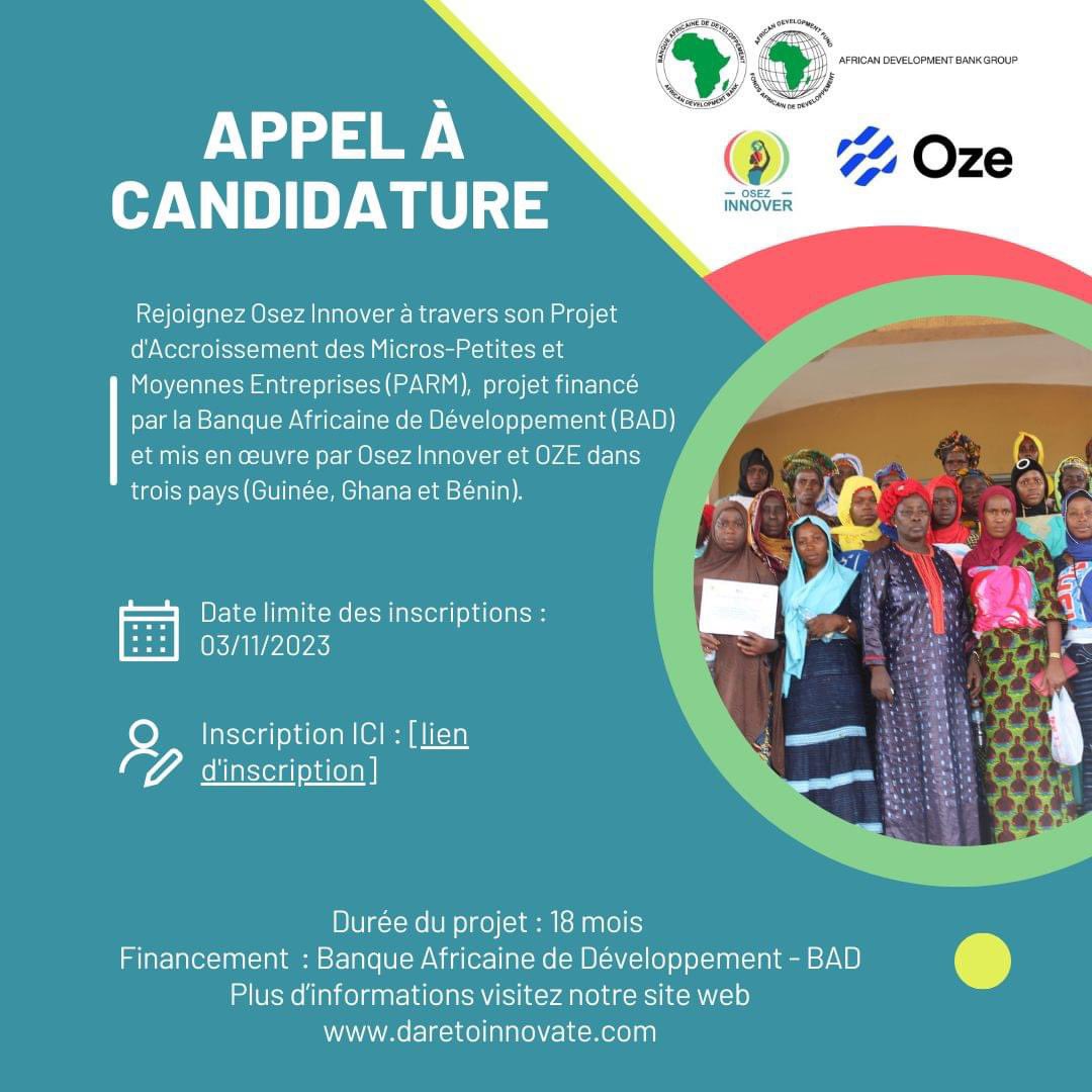 🌟 Appel aux jeunes entrepreneurs en Guinée, au Ghana et au Bénin !vous avez une idée innovante pour un impact social et environnemental positif, rejoignez-nous pour bénéficier de formation, réseautage et financement. Inscrivez-vous ici avant le 03/11/2023 daretoinnovate.com/inscription-bad