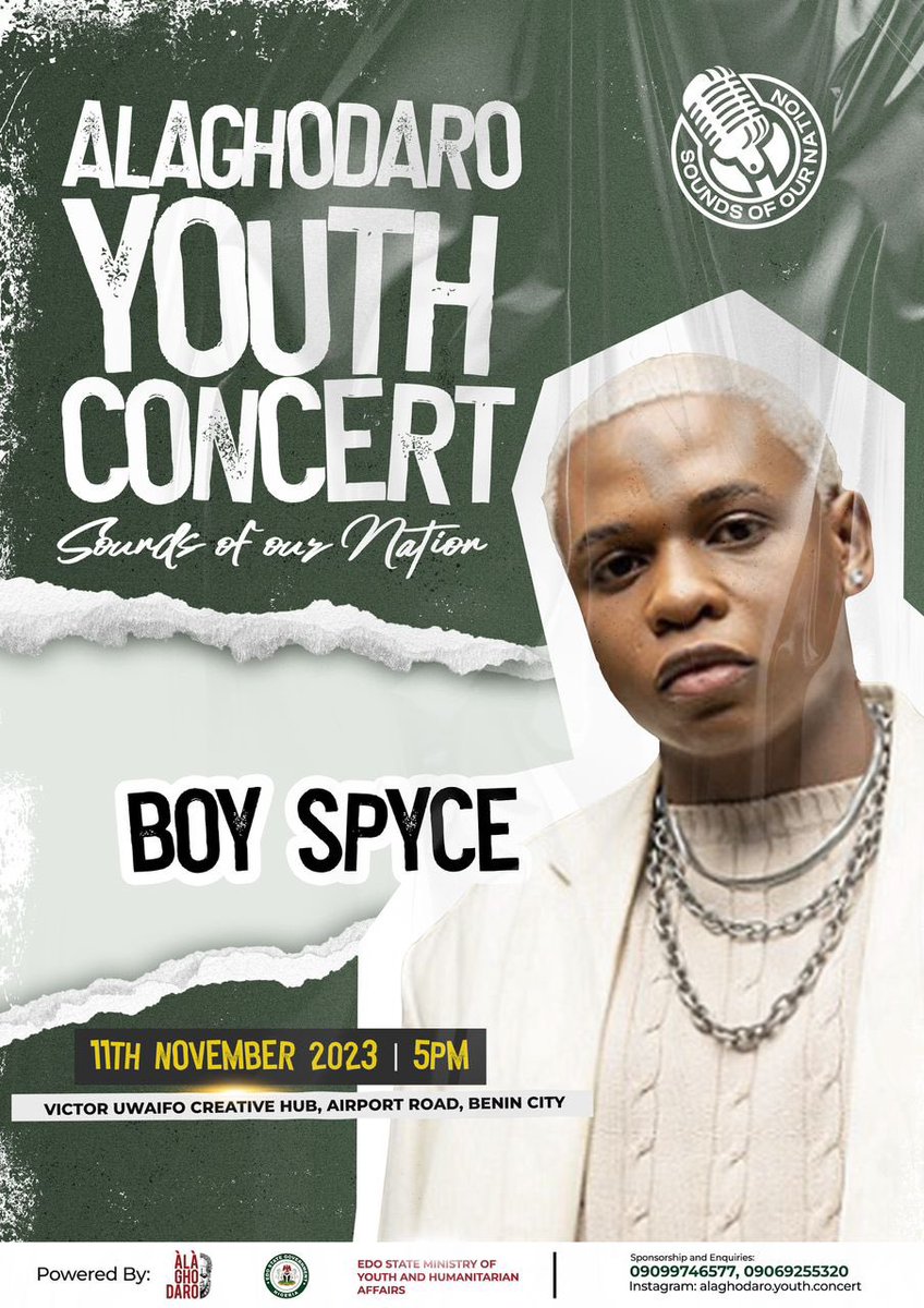 xxtega's tweet photo. Catch the likes of Boy Spyce, Skales, Reekado banks and others at thr Alaghodaro Youth Concert, coming up on the 11th of November! And guess what? ITS FREE! You don’t want to miss this 🔥 #AYC2023 https://t.co/706s3SPw1i