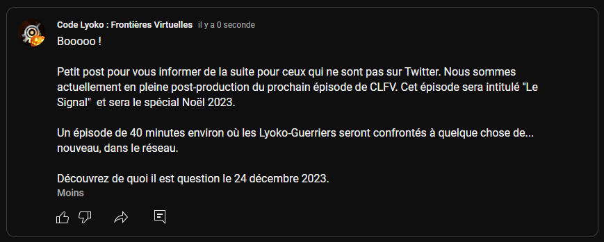 clfv_lyoko's tweet photo. 🎅 - INFO
Résumé publié sur l'onglet communautaire de la chaine, de ce qui se prépare.
https://t.co/8XnzNBpEc4
#codelyoko #lesignal #clfv https://t.co/2xPSlgrNLy