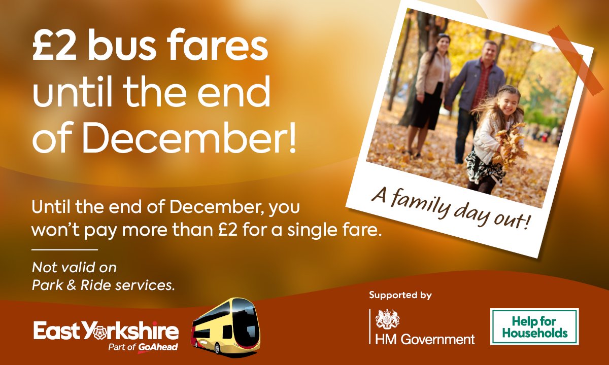 EYBuses's tweet photo. 🎃 £2 FARES EXTENDED 🧡
Until the end of December, you won't pay more than £2 for a single fare, meaning you've got more time for the important things this autumn like family day's out! Find out more 👇 #BusFareCap
https://t.co/hryAlONavb https://t.co/gvED5n4bRZ