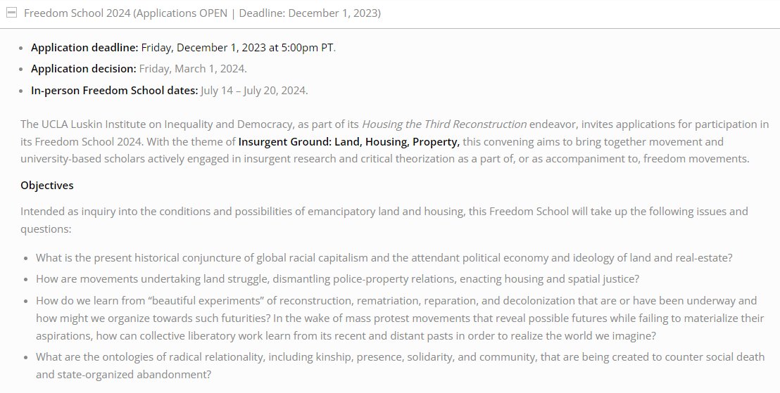 Institute on Inequality & Democracy (@challengeineq) on Twitter photo 🗣️ANNOUNCING Freedom School '24//Insurgent Ground: Land, Housing, Property
Movement & university-based scholars actively engaged in insurgent research and critical theorization as a part of freedom movements are encouraged to apply. Deadline: Dec. 1st>> challengeinequality.luskin.ucla.edu/opportunities/ 🗣️ANNOUNCING Freedom School '24//Insurgent Ground: Land, Housing, Property
Movement & university-based scholars actively engaged in insurgent research and critical theorization as a part of freedom movements are encouraged to apply. Deadline: Dec. 1st>> challengeinequality.luskin.ucla.edu/opportunities/