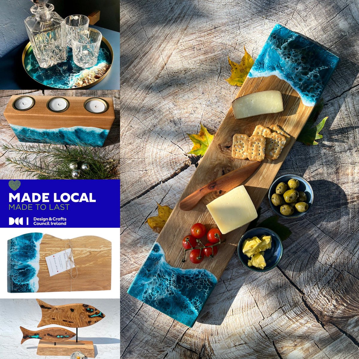 Handcrafted cheese boards, candle holders, serving trays and original art pieces all with a splash of colourful Ocean inspired resin art. Beautiful gift ideas for todays modern interiors. Worldwide shipping. fsdesign-resinartist.com #resinart #handmadegift #MHHSBD #irishcrafts