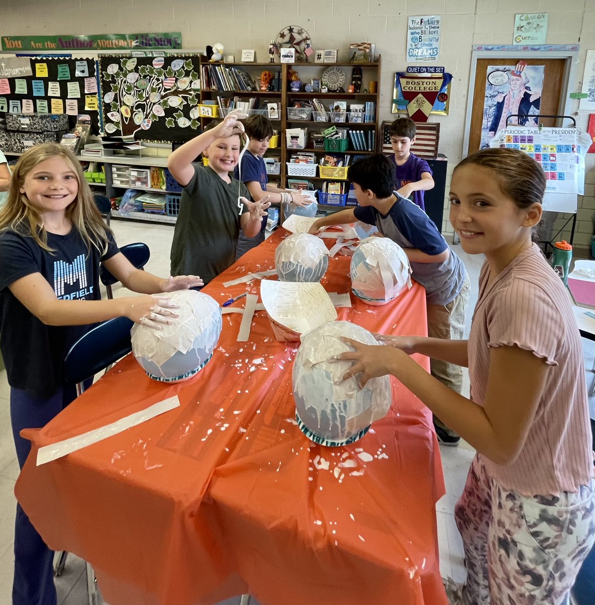 MauraECondon's tweet photo. That time of year! Room 6 enjoyed making Mayan/Aztec masks out of papier-mâché in honor of Day of the Dead (to represent us and our backgrounds)! Thanks @christinabmsart for your help! #medfieldps #beproudbedale #dalecorevalues https://t.co/oG9LilLn14