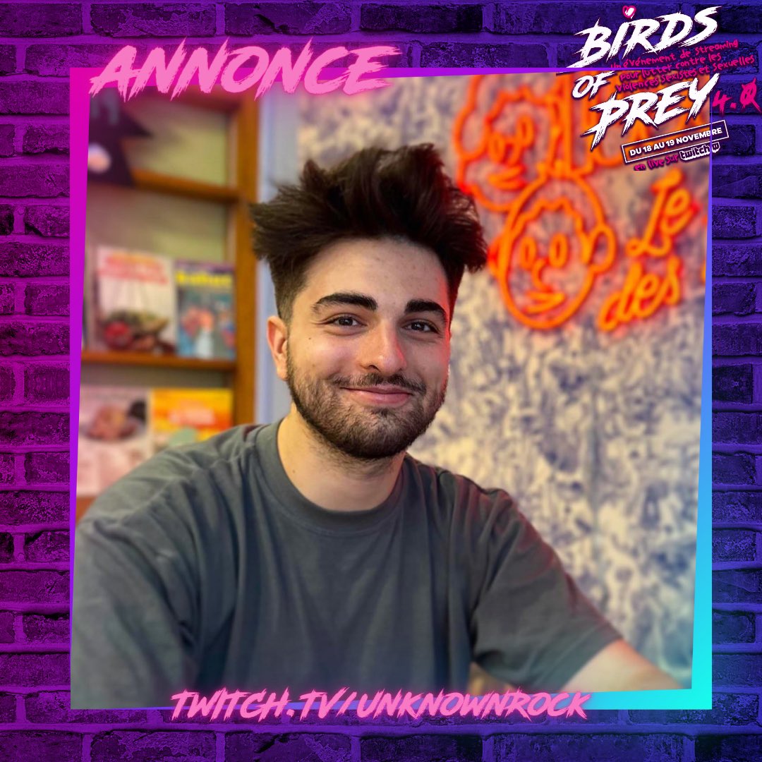 Rock (@unknownrock_) on Twitter photo Je vous annonce ma participation à <a href="/bo_prey/">Birds Of Prey</a> qui aura lieu le 18/19 novembre en présentiel au CRIJ d’Orléans !
Je compte sur vous pour nous soutenir sur twitch ! 😎
(Pleins de surprises au programme 👀) Je vous annonce ma participation à <a href="/bo_prey/">Birds Of Prey</a> qui aura lieu le 18/19 novembre en présentiel au CRIJ d’Orléans !
Je compte sur vous pour nous soutenir sur twitch ! 😎
(Pleins de surprises au programme 👀)