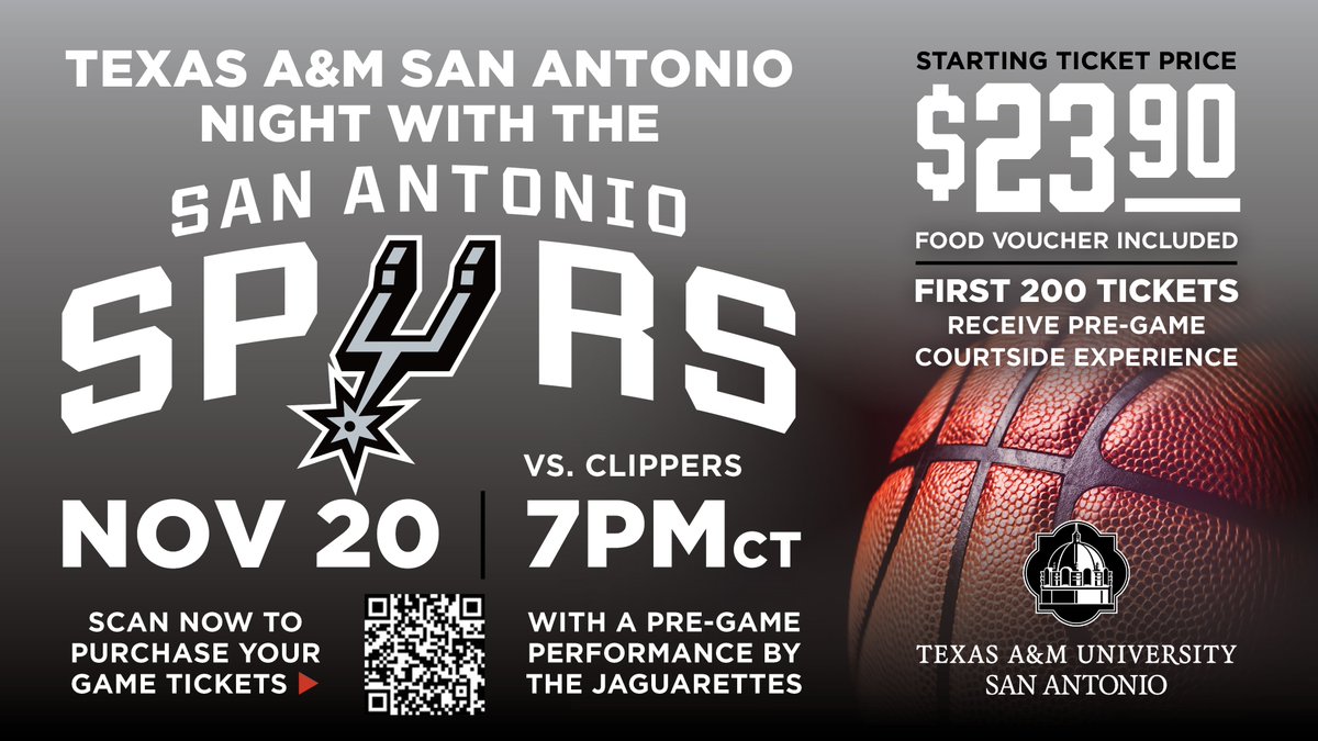 A&amp;M-San Antonio Night with the <a href="/spurs/">San Antonio Spurs</a> is  Nov. 20! Celebrate our Jaguars and watch the Spurs take on the Los Angeles Clippers. Alumni, students, faculty, staff and family are invited!  Get discounted tickets here: bit.ly/3S7Boar 

#GoSpursGo #TAMUSA