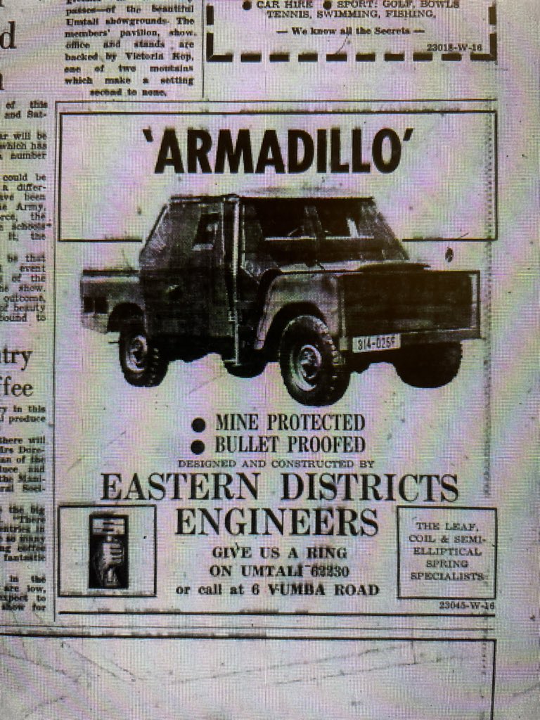 Rhodesia Herald adverts from the the late 1970s for vehicles claiming to offer protection against landmines and roadside ambushes.
