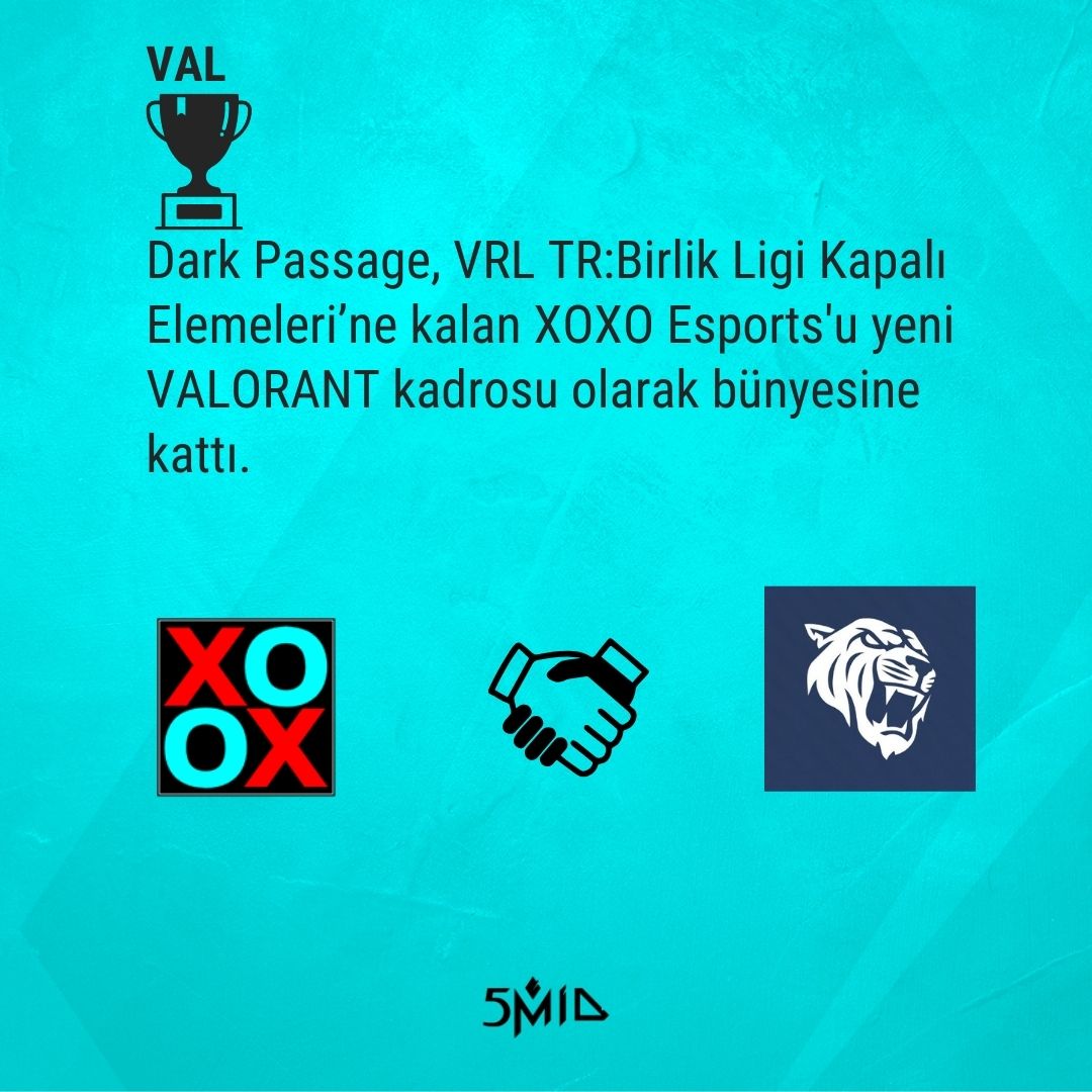 Dark Passage yeni VALORANT kadrosunu duyurdu.

Kadro, XOXO Esports oyuncularından oluşuyor.

🔹 Akın ''<a href="/deminatiXfps/">FF deminatiX</a>'' Tak
🔹 Onur ''<a href="/drkyfps/">Onur</a>'' Genç
🔹 Baha ''<a href="/bahavl_/">FUT bahalas</a>'' Gözmen
🔹 Arda ''<a href="/sh1vavl/">sh1va</a>'' Özkaya
🔹 Emre ''<a href="/chefemre_/">Emre “MERZ” Aktaş</a>'' Akta