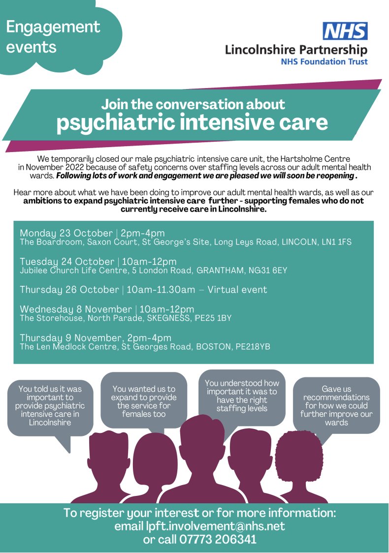 Hear about plans and developments for #PsychiatricCare in Lincolnshire at these engagement events
23 Oct
24 Oct
26 Oct
8 Nov
9 Nov
Email lpft.involvment@nhs.net to register interest
@LPFTNHS