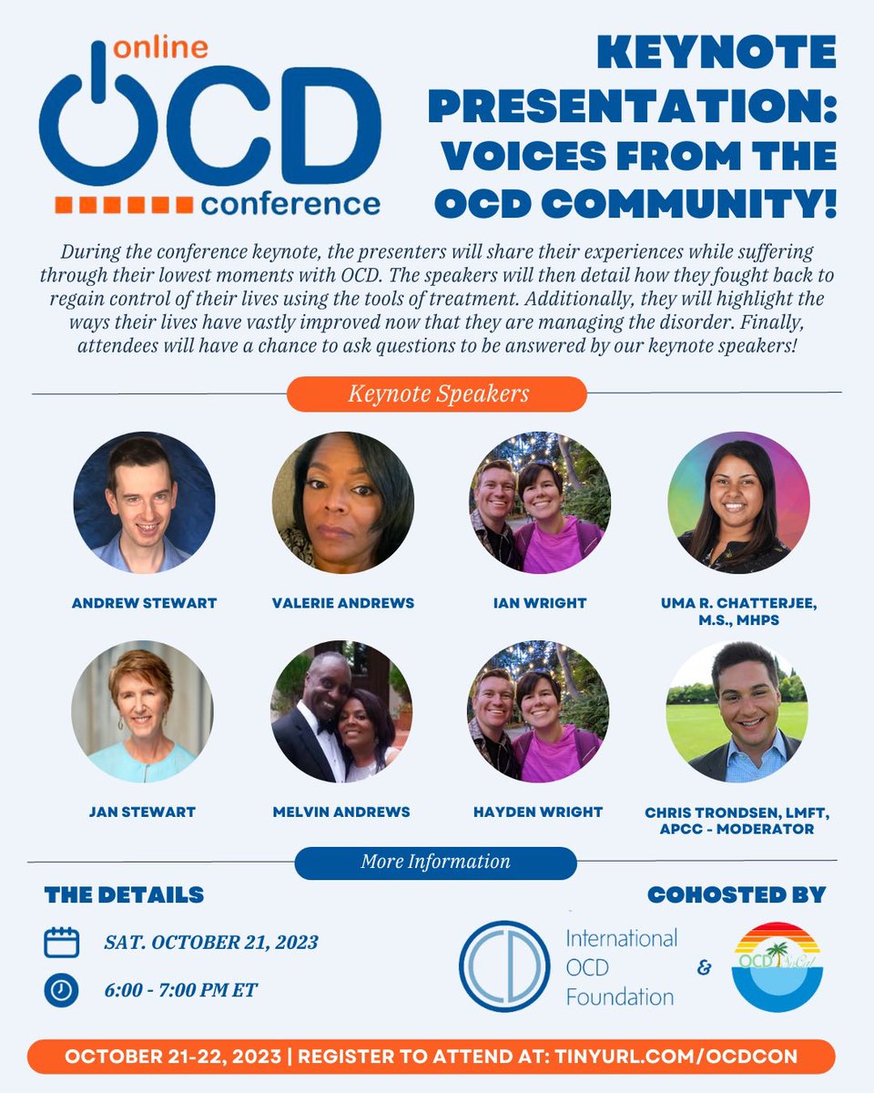 Incredibly honored & grateful to co-present the keynote address at the @IOCDF Online OCD Conference this weekend! 🎤 Join me for the Keynote on Sat. 10/21 from 6-7pm ET 💙

🎟️ Register here: tinyurl.com/ocdcon

#RealOCD #OCDAwareness #OCDcon #MentalHealthMatters #MyOCDTruth