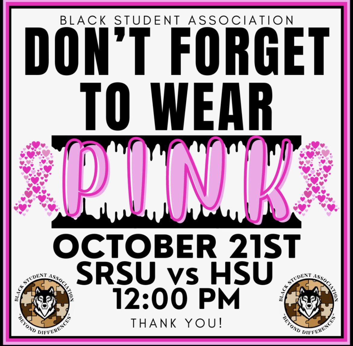 BSA_SRSU's tweet photo. In support of Breast Cancer Awareness Month, we would love it if you come out to Jackson Field in your best pink attire this Saturday October 21st at 12pm. 

We will be giving out mini pink breast cancer awareness ribbons until we run out. https://t.co/NZVcilOF59