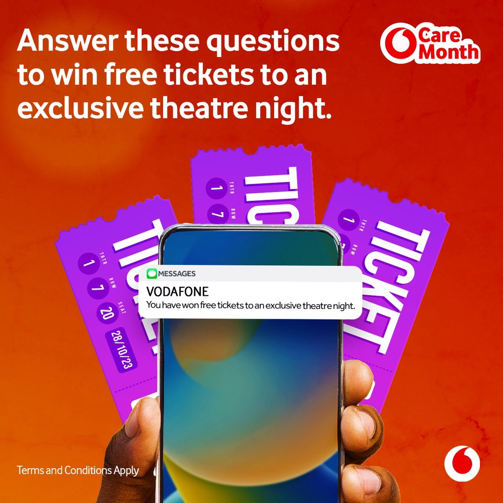 TelecelGhana's tweet photo. Answer these questions and win a free ticket to watch an Uncle Ebo White play; Naked In Bed at the National Theatre on 28th October.
#CareMonth2023 #LiveDigital https://t.co/fjrIob3OQ9