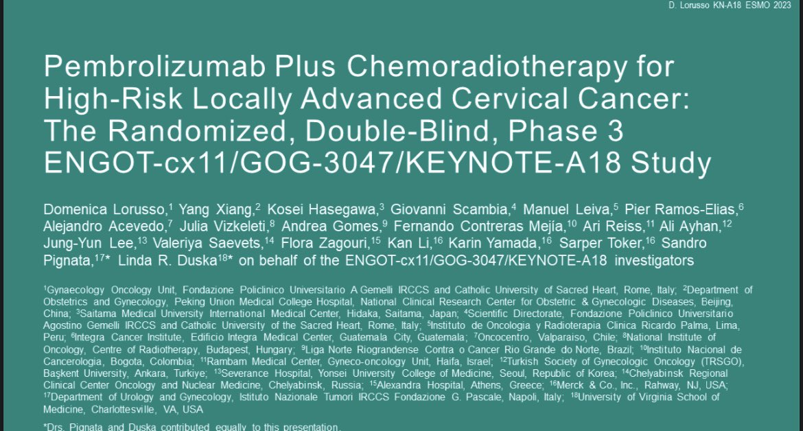 gusviani's tweet photo. 🎙️ Pembrolizumab➕CRT resulted in ⬆️PFS ✖️CRT alone in 👥 w/  newly diagnosed, previously untreated, high-risk, locally advanced #cervicalcancer‼️@OncoAlert #ESMO2023 https://t.co/6TDo3mQ77g