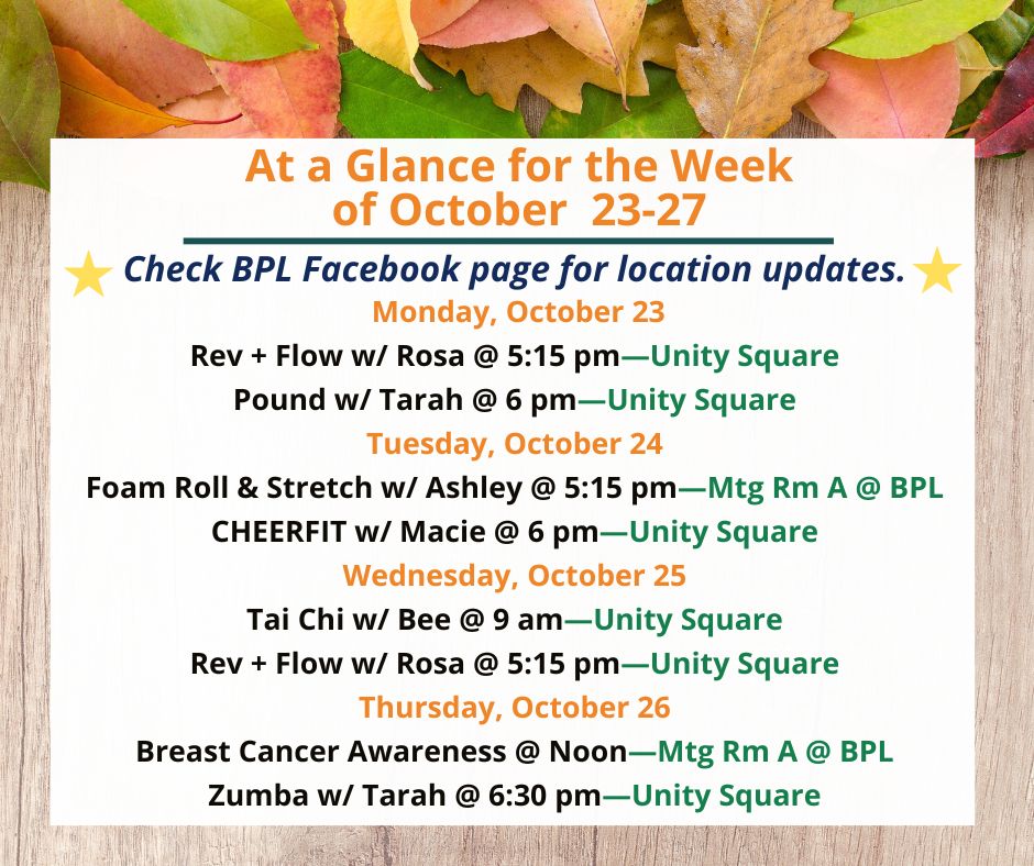 bvillelibrary's tweet photo. Health, Fitness, &amp; Wellness At a Glance for the Week of October 23-27
Check the BPL Facebook page for any location changes due to weather. All classes are free and open to the public.
#BPLibraryLife #Revflow #fitness #freeclasses #free #cheerfit #taïchi #zumba #poundfit https://t.co/c3lnEeA6k0
