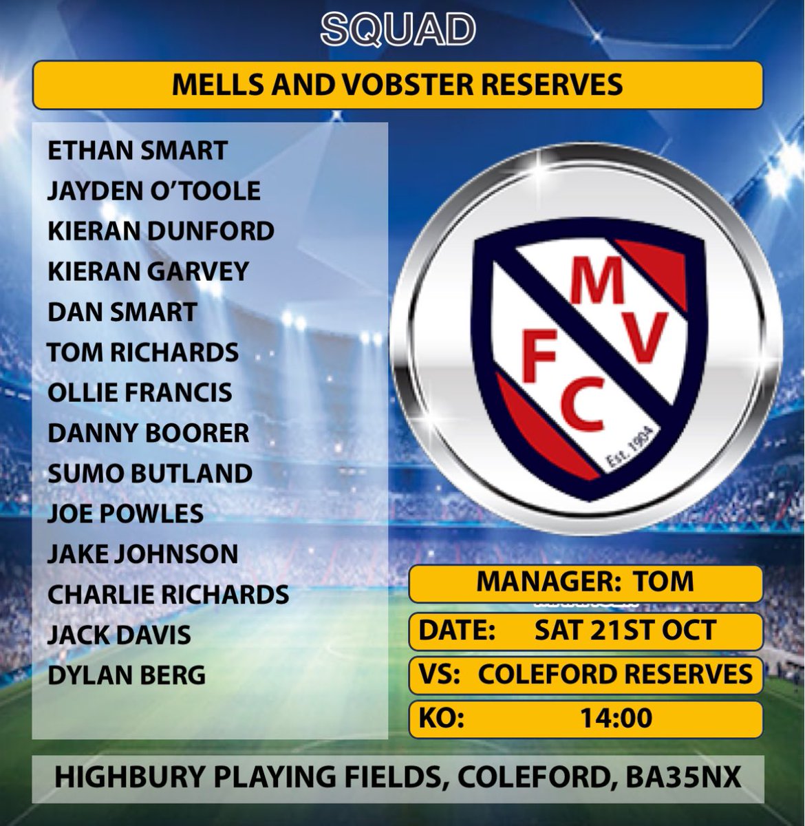 Mells & Vobster F.C (@mellsfc) on Twitter photo Back to league action tomorrow. First team in their first game back at Mells host <a href="/haydonsports19/">Haydon Sports</a>
With the reserves playing the first derby of the season with a trip to <a href="/ColefordAth1890/">Coleford Athletic</a> reserves (subject to tomorrows pitch inspection)
#UpTheMells Back to league action tomorrow. First team in their first game back at Mells host <a href="/haydonsports19/">Haydon Sports</a>
With the reserves playing the first derby of the season with a trip to <a href="/ColefordAth1890/">Coleford Athletic</a> reserves (subject to tomorrows pitch inspection)
#UpTheMells