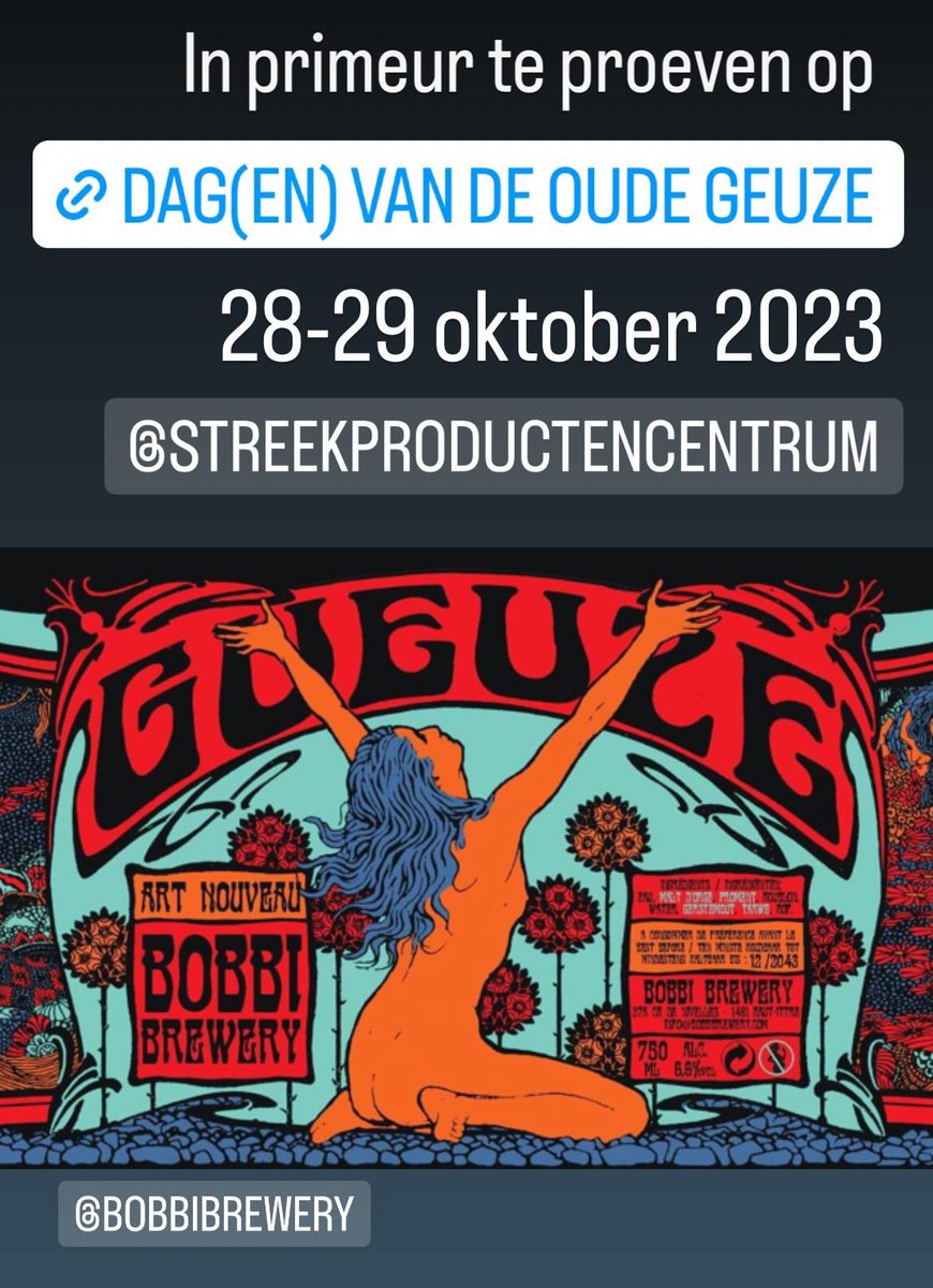 NIEUW: Art Nouveau Gueuze van Bobbi Brewery, in primeur te proeven op onze Dag(en) van de Oude Geuze, 28 &amp; 29 oktober 2023 @ Streekproducten Centrum Halle 🍾 #maandvandelambiek <a href="/VisitVlaBrabant/">Visit Vlaams-Brabant</a> #lambicislife #fieroponsbier