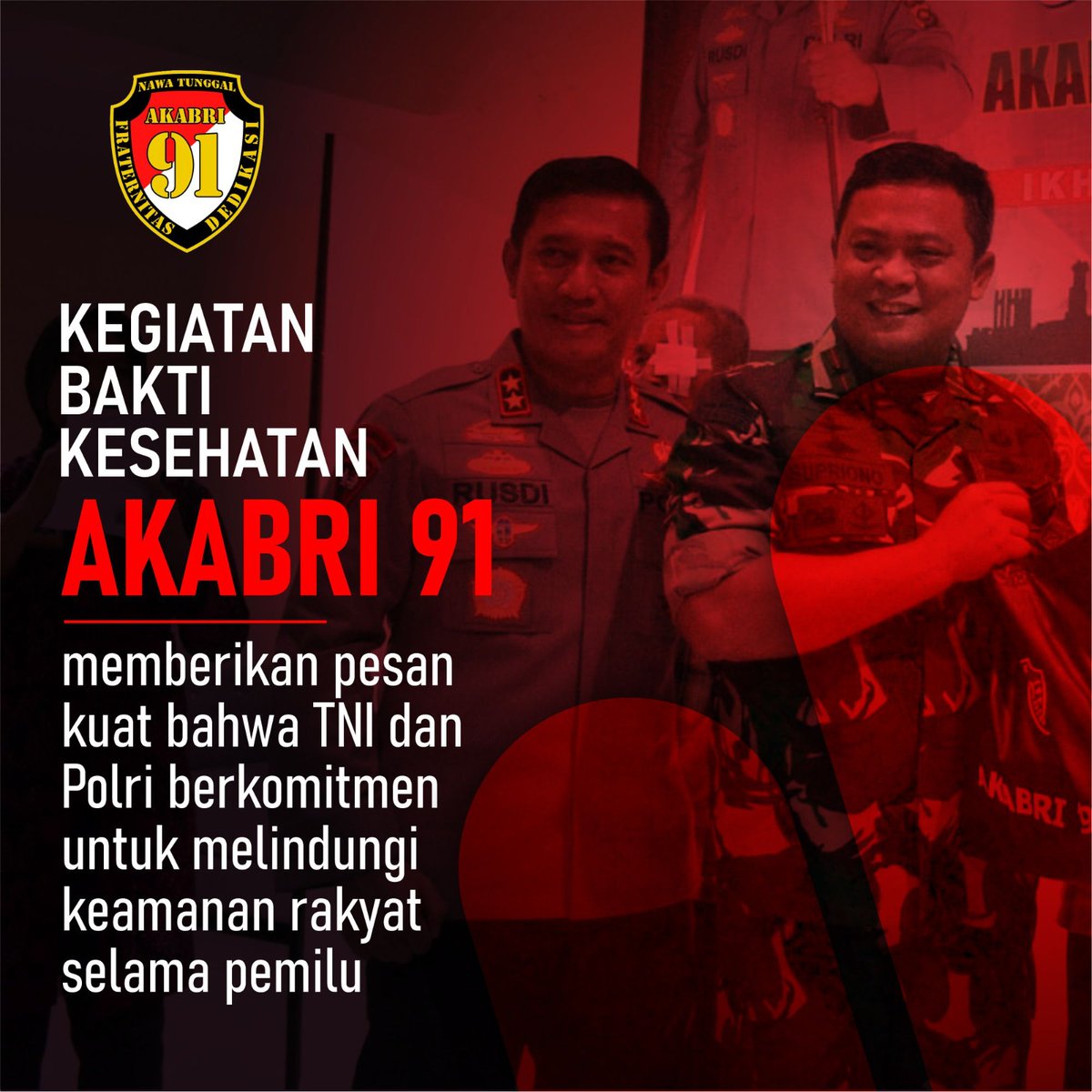 Kegiatan bakti kesehatan #BakkesAkabri91 terdapat pesan kuat bahwa TNI Polri komitmen Wujudkan Pemilu Damai

TNIPolri Bersama Rakyat