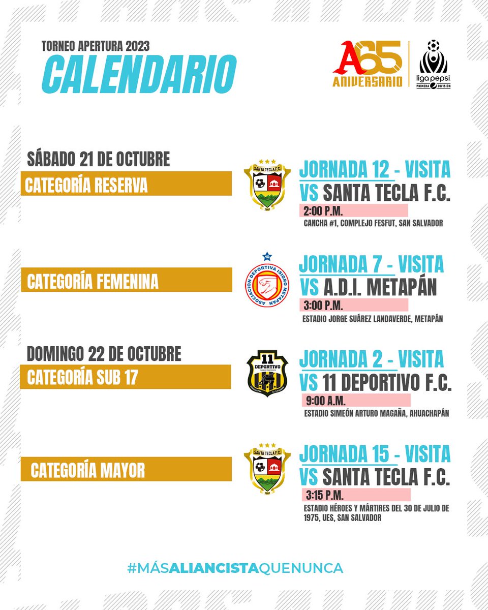 Alianza Fútbol Club (@AlianzaFC_sv) on Twitter photo 2023-10-20 16:36:08 ⚪️ ¡𝐅𝐈𝐍 𝐃𝐄 𝐒𝐄𝐌𝐀𝐍𝐀 𝐁𝐋𝐀𝐍𝐂𝐎! 🅰️ Te presentamos la programación de nuestras 4 categorías. 🤍 ¡VAMOS ALBOS! #AlianzaFC | #65AñosDeHistoria ⚪️ ¡𝐅𝐈𝐍 𝐃𝐄 𝐒𝐄𝐌𝐀𝐍𝐀 𝐁𝐋𝐀𝐍𝐂𝐎! 🅰️ Te presentamos la programación de nuestras 4 categorías. 🤍 ¡VAMOS ALBOS! #AlianzaFC | #65AñosDeHistoria