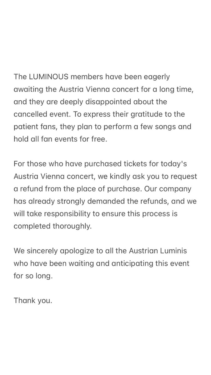 [📢] LUMINOUS in WONDERLAND 2ND EUROPE TOUR Austria Vienna Concert Cancellation Notice.
