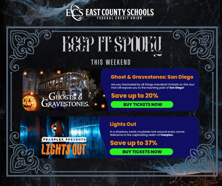 #ECSFCU members! Keep it spooky this weekend & get yourself some discounted tickets through our #FunEx partner. Click the links below & use the code 16-59345 when purchasing your tickets. Happy Halloween! funex.com/.../halloween-…... funex.com/tickets/lo/lig…