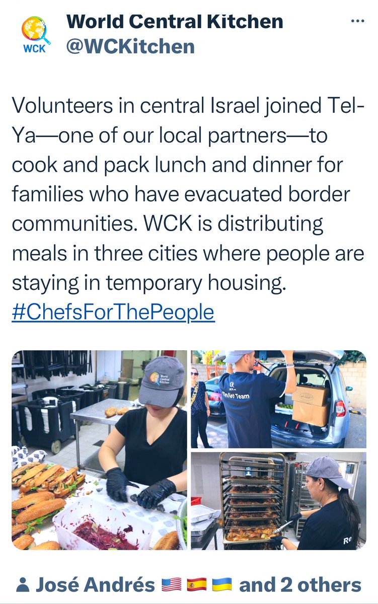 sfpelosi's tweet photo. Bless @chefjoseandres and @WCKitchen for their direct food aid to people in Israel and Gaza. 
#ChefsForThePeople 

Donate: https://t.co/st4lRdzBrR https://t.co/AkVRfpurjO