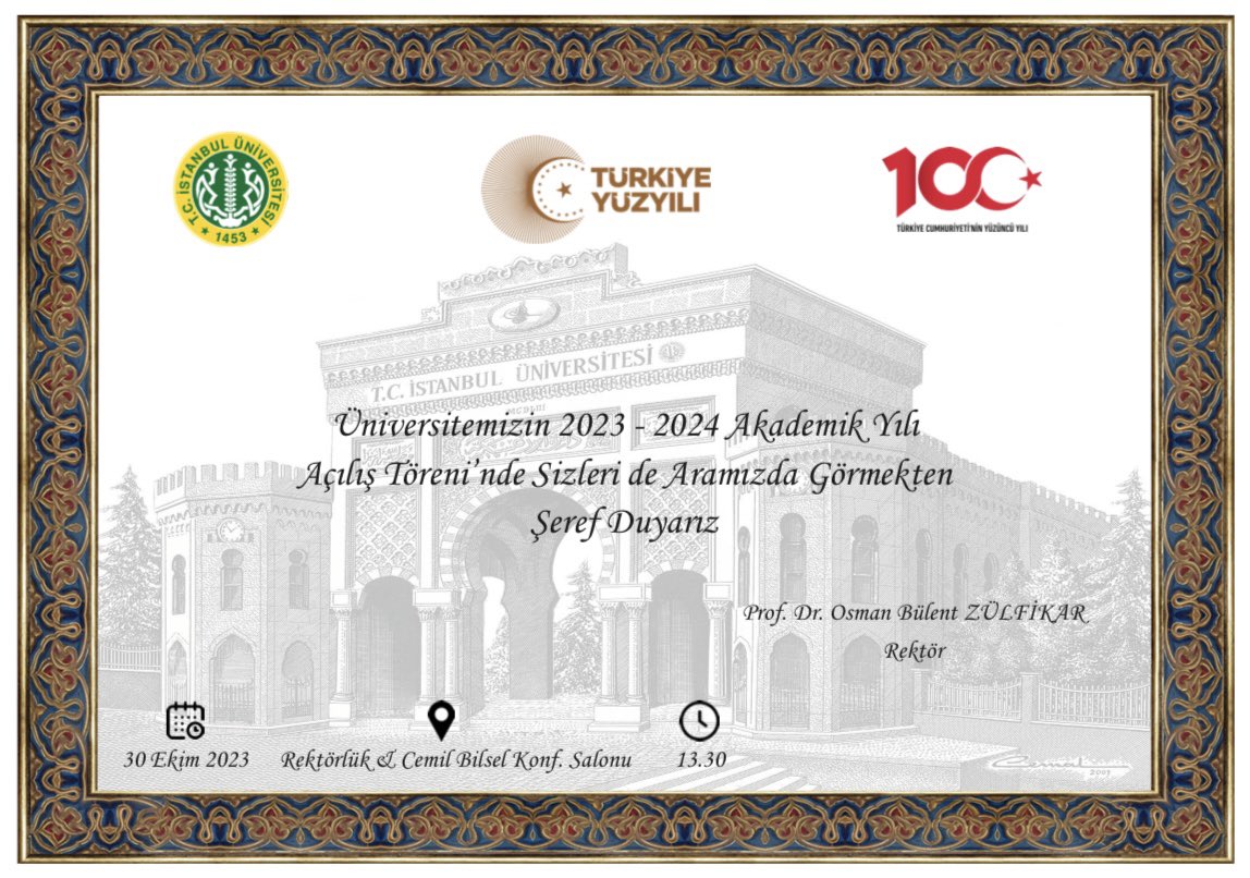 Üniversitemizin 2023-2024 Akademik Yılı Açılış Töreni, 30 Ekim Pazartesi günü gerçekleşecek. #İstanbulÜniversitesi