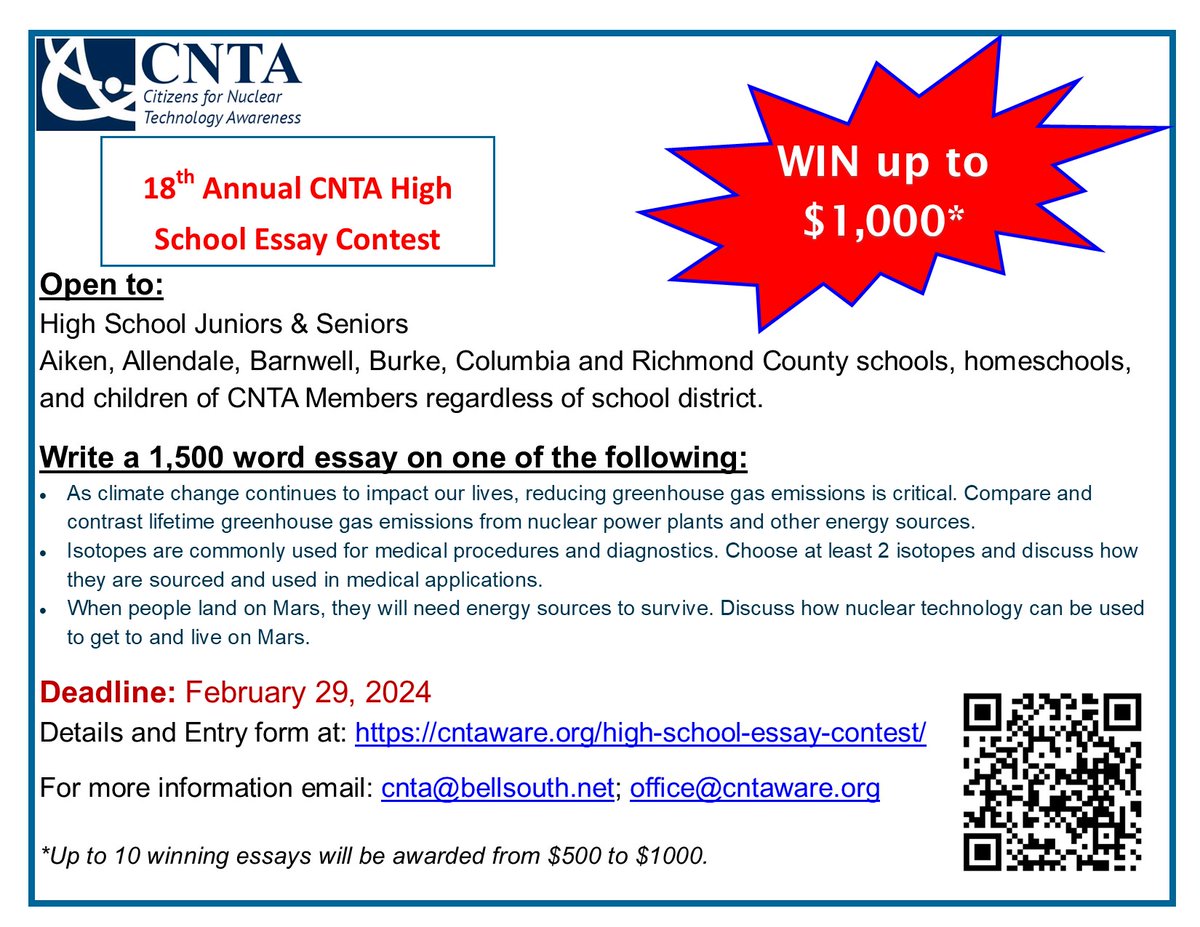 CNTA has launched the 2024 Essay Contest! High School Juniors &amp; Seniors submit an essay &amp; have a chance to win up to $1,000! Details at: cntaware.org/high-school-es… #nuclearsciweek #STEMeducation #Nuclear