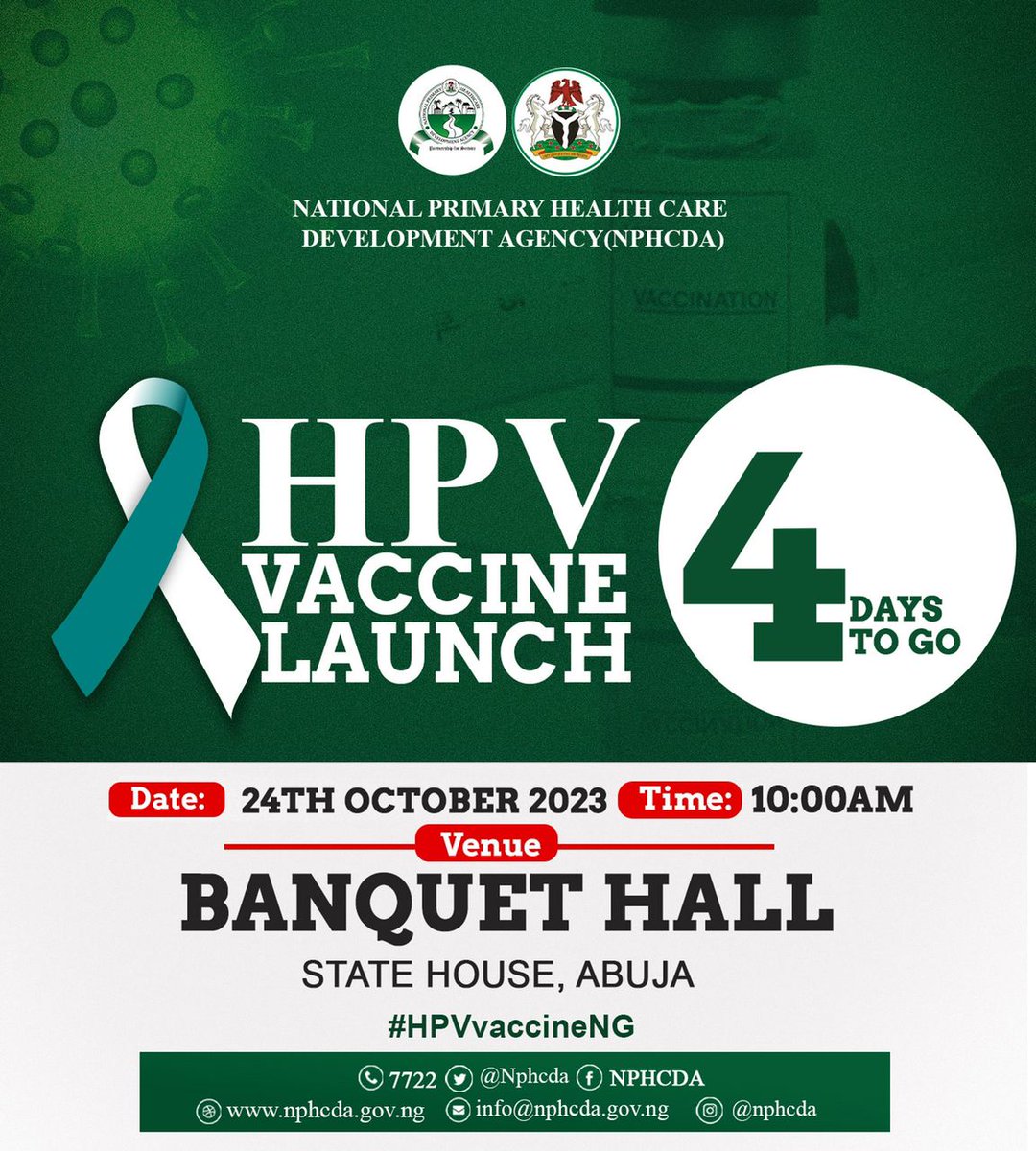 Protecting our youth! Parents, ensure your girl child's health by getting them the HPV vaccine. It's available at the nearest Health Facility and it's completely free of charge. Let's secure their future. #YouthProtection #HPVVaccineNigeria
@drfaisalshuaib
@NPHCDANG