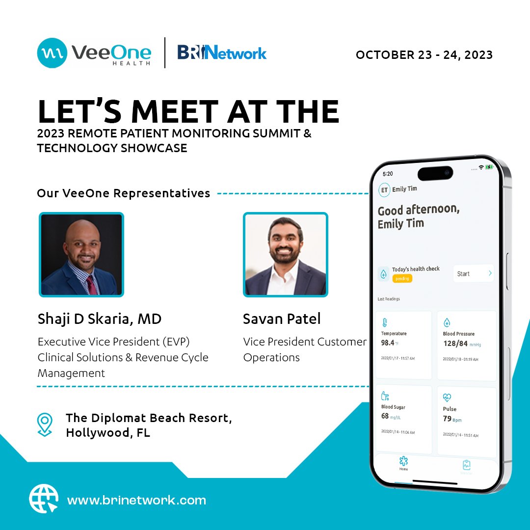 VeeOne_Health's tweet photo. VeeOne Health is thrilled to participate in the 2023 Remote Patient Monitoring Summit &amp; Technology Showcase, a cutting-edge event that aligns perfectly with our commitment to patient-centric care.

🗓️ When: October 23-24, 2023
📍 Where: The Diplomat Beach Resort, Hollywood, FL https://t.co/qnFh8TeUNQ