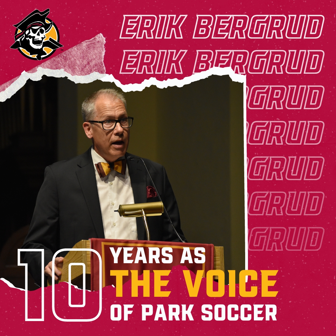 ParkPirates's tweet photo. ⚽️, 10 years as The Voice of @ParkUniversity soccer is a special milestone! Join us in recognizing Erik Bergrud between tomorrow's soccer games on Julian Field at approximately 2pm! #ParkProud💛❤️ https://t.co/hzpAczhf9J