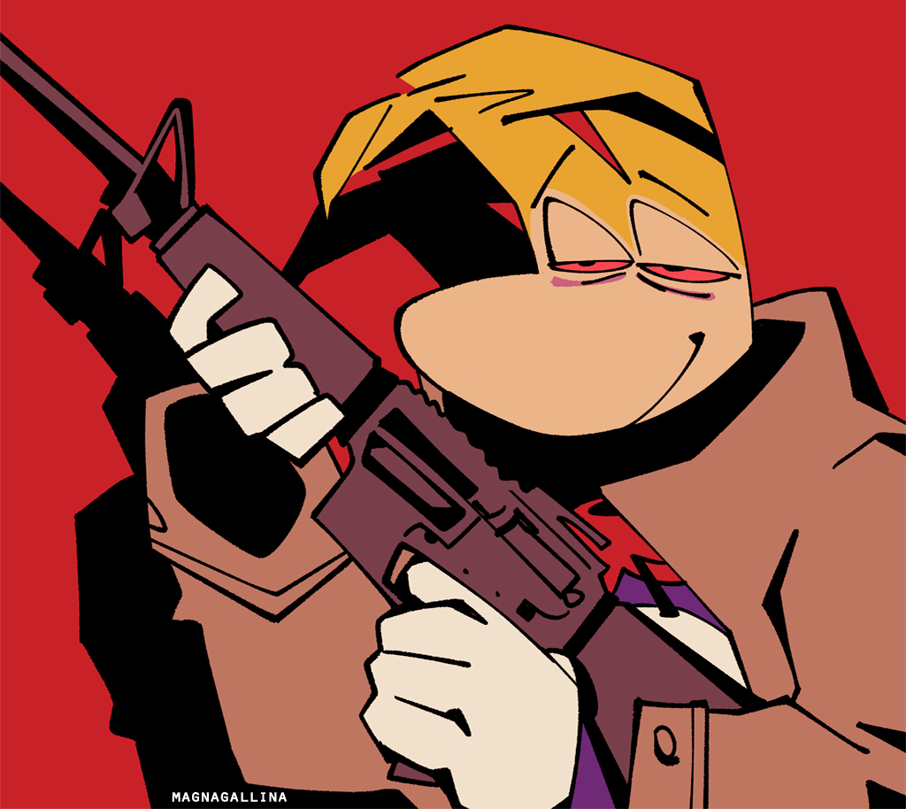 gun weapon red background 1boy male focus solo holding  illustration images