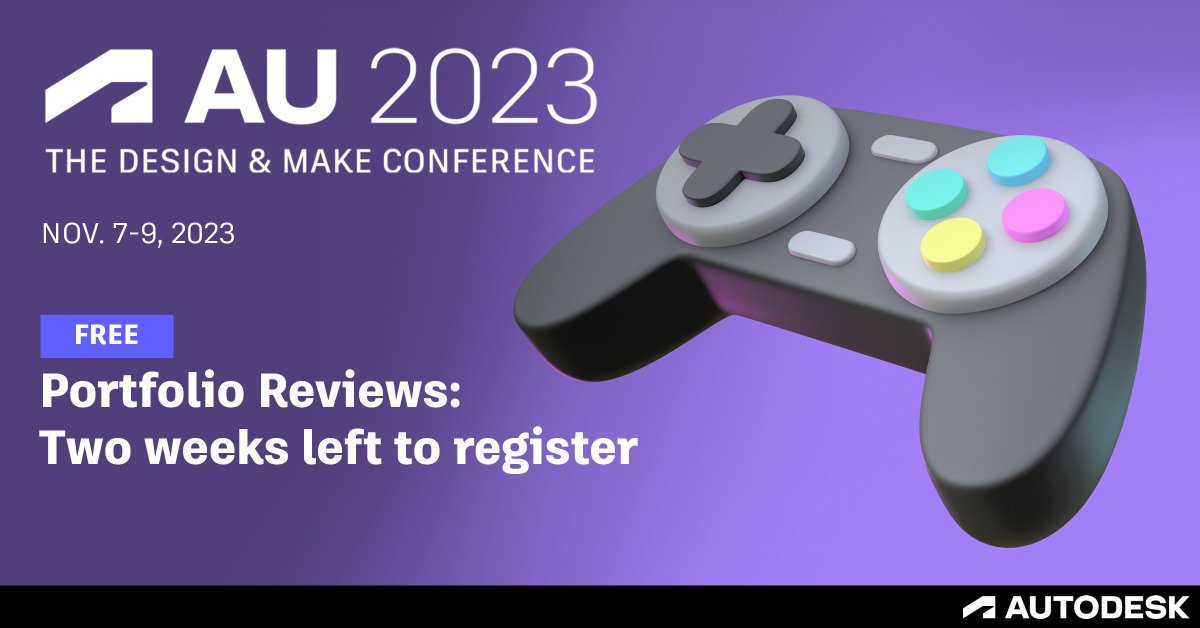 ⌛Portfolio Review registrations will close in 2 weeks! Don't forget to sign up for a FREE 1-1 session with an industry expert & register for a FREE digital #AU2023 pass to continue up-leveling your skills with spotlight classes. Learn more: autode.sk/au-2023-portfo…