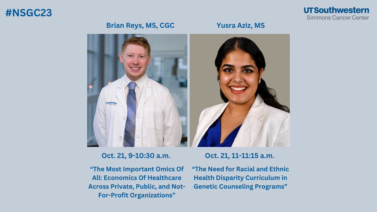 UTSW Simmons Cancer Center (@utswcancer) on Twitter photo Brian Reys and Yusra Aziz are presenting at #NSGC23 tomorrow. Check them out if you are there! <a href="/brian_reys/">Brian Reys</a> <a href="/GeneticCouns/">Genetic Counselors</a> Brian Reys and Yusra Aziz are presenting at #NSGC23 tomorrow. Check them out if you are there! <a href="/brian_reys/">Brian Reys</a> <a href="/GeneticCouns/">Genetic Counselors</a>
