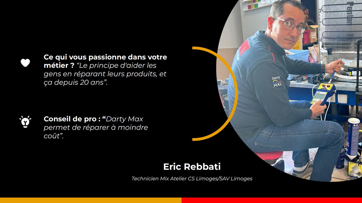 GroupeFnacDarty's tweet photo. [#JNR 🛠️] 🧑‍🔧 Eric, technicien au Mix Atelier CS Limoges/SAV Limoges.

🔨 Les produits les + réparés : "Les lave-linges et lave vaisselles"
💓 Pourquoi j’aime mon métier : "Le principe de venir en aide aux autres" 
💡Conseil de pro : "Réparez à moindre coût grâce à #DartyMax" https://t.co/jFrnXP6CUR
