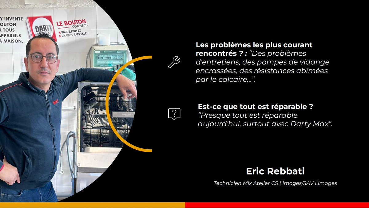 GroupeFnacDarty's tweet photo. [#JNR 🛠️] 🧑‍🔧 Eric, technicien au Mix Atelier CS Limoges/SAV Limoges.

🔨 Les produits les + réparés : "Les lave-linges et lave vaisselles"
💓 Pourquoi j’aime mon métier : "Le principe de venir en aide aux autres" 
💡Conseil de pro : "Réparez à moindre coût grâce à #DartyMax" https://t.co/jFrnXP6CUR
