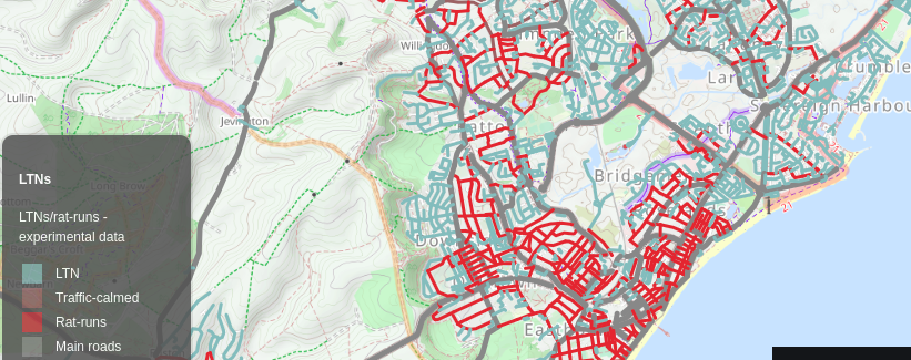 Interesting view from @cyclestreets as to LTNs v 'ratruns'. Notice how the Harbour was designed to prevent through traffic but the more deprived areas such around Seaside Rd ( have fewest car owners)  but lots of traffic going through their residential streets