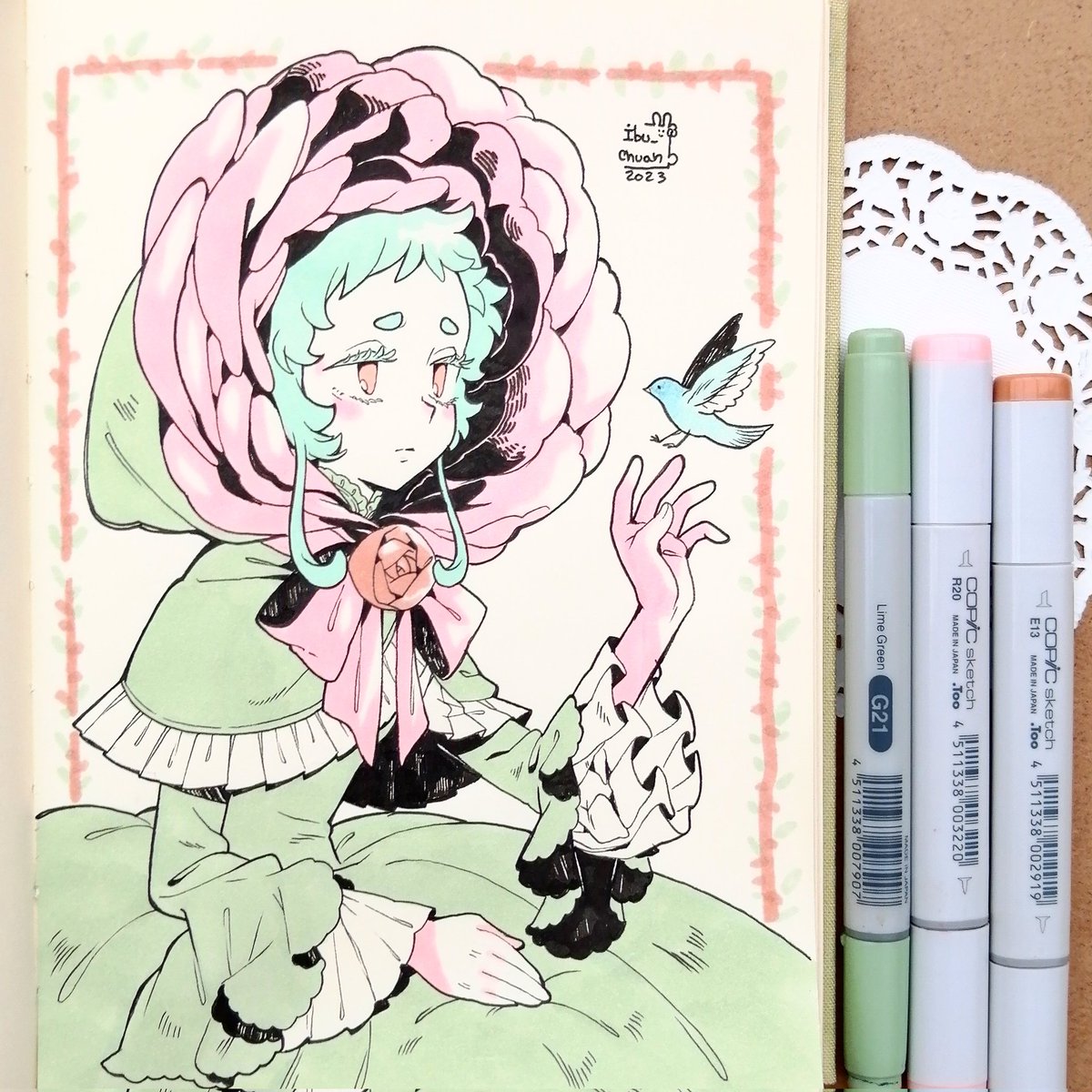 Mi oc Coralis 💗💚🐦 #drawtober2023 #copicmarker #pink