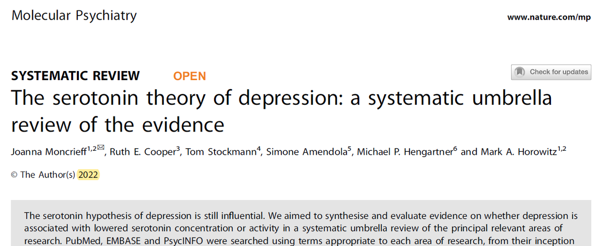 Hace poco, un añito, sale en la revista Molecular psychiatry (de Nature) esta revisión sistemática sobre la (no) evidencia del rol de la serotonina en el cuadro comportamental que englobamos bajo la etiqueta «depresión». Las conclusiones son contundentes, te las comento abajo.