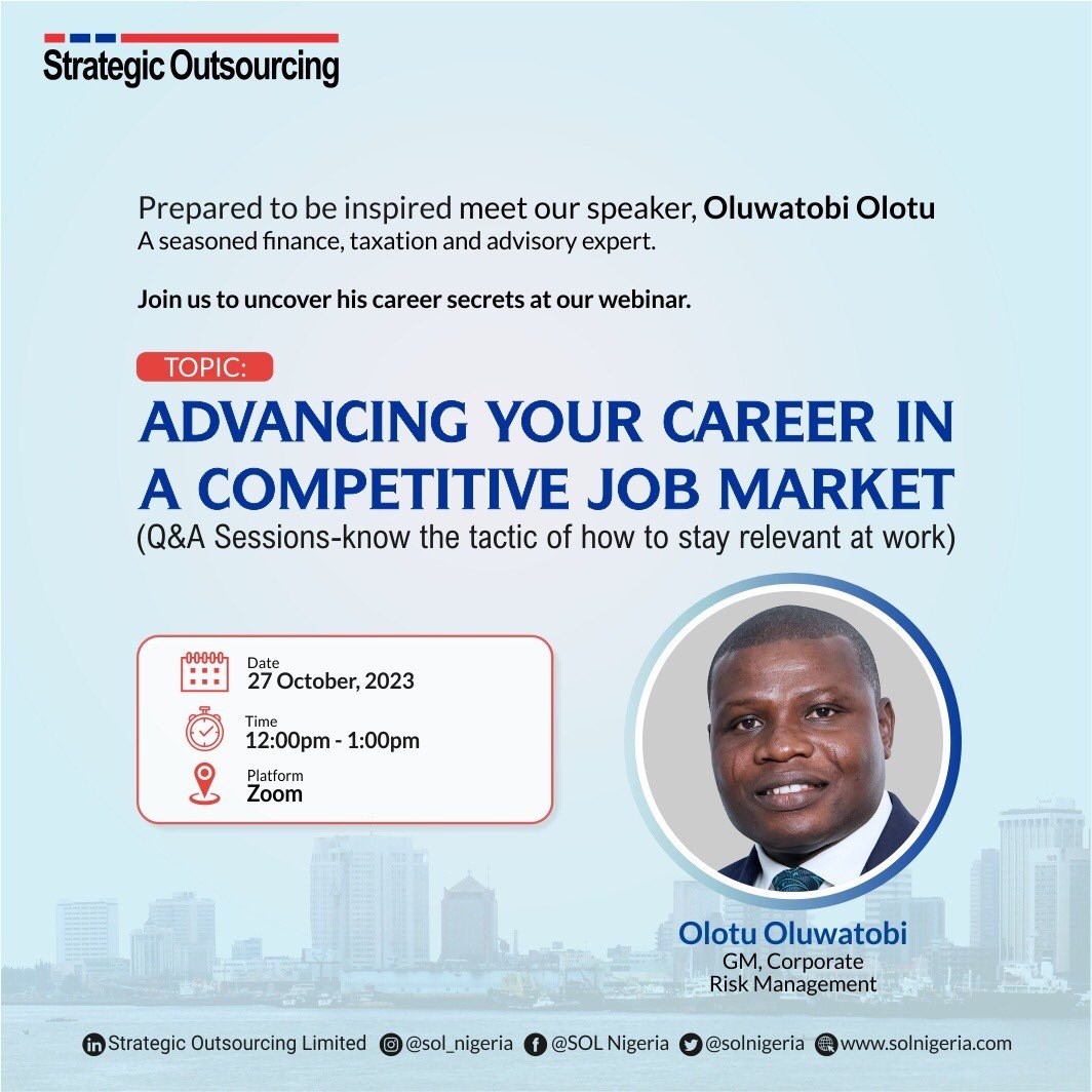 solnigeria's tweet photo. Are you a working professional looking to elevate your career? 

You don't want to miss the insightful webinar where Mr. Oluwatobi Olotu shares his expertise.

Be part of the transformation on October 27th at 12 pm

 Webinar Link: https://t.co/eWAvQs8sbu

#Webinar #jobseekers https://t.co/ZFRjABuXAm